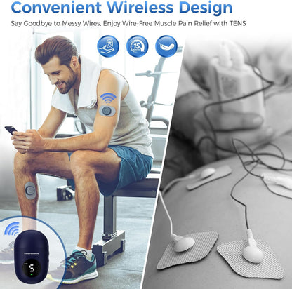 Portable Wireless TENS Unit - Rechargeable Muscle Stimulator for Pain Relief with LED Screen, Remote Control, Dual Channel, 6 Modes & 16 Intensity Levels - Includes Charging Case (Blue)