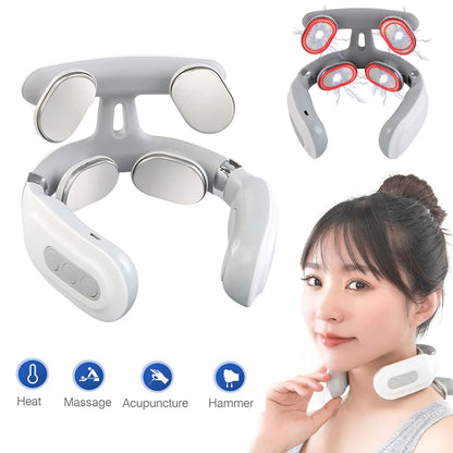 Rechargeable 4-Head Portable Neck Massager with Intelligent Pulse, Heating & Adjustable Pressure for Cervical Spine Relief