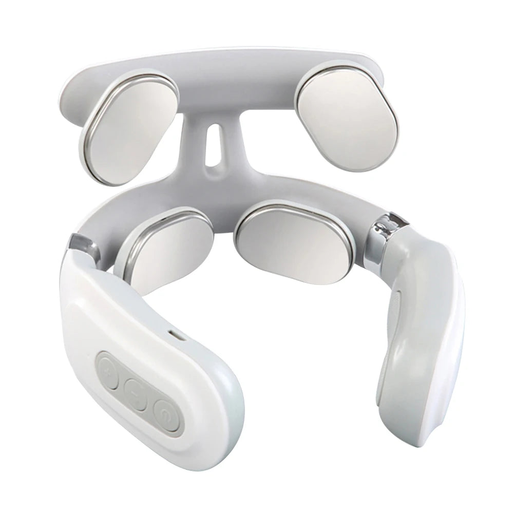 Rechargeable 4-Head Portable Neck Massager with Intelligent Pulse, Heating & Adjustable Pressure for Cervical Spine Relief