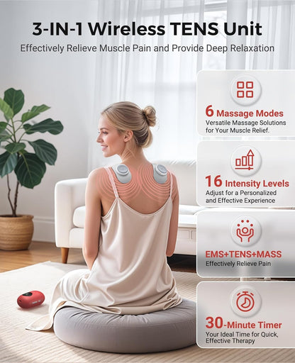 Portable Wireless TENS Unit - Dual Channel Muscle Stimulator for Instant Pain Relief with Charging Case & LED Screen - Perfect for Back, Shoulder, and Waist