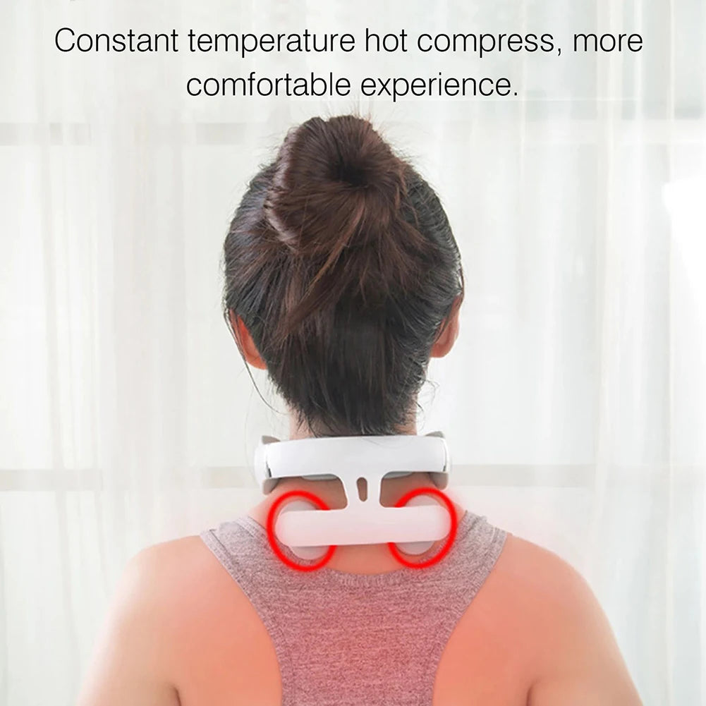Rechargeable 4-Head Portable Neck Massager with Intelligent Pulse, Heating & Adjustable Pressure for Cervical Spine Relief