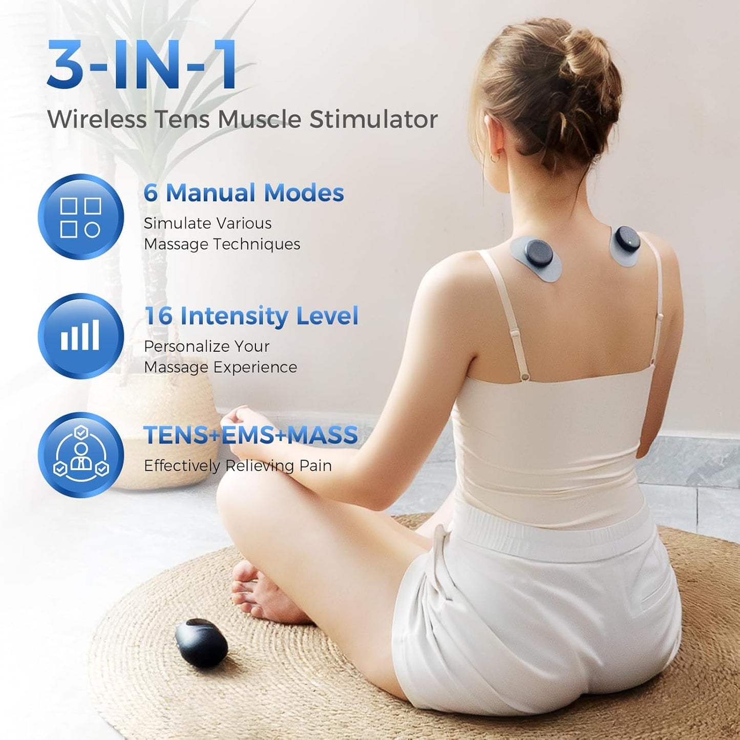 Portable Wireless TENS Unit - Rechargeable Muscle Stimulator for Pain Relief with LED Screen, Remote Control, Dual Channel, 6 Modes & 16 Intensity Levels - Includes Charging Case (Blue)