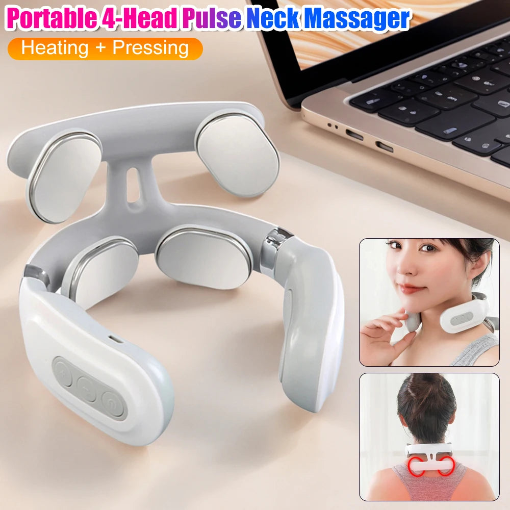 Rechargeable 4-Head Portable Neck Massager with Intelligent Pulse, Heating & Adjustable Pressure for Cervical Spine Relief