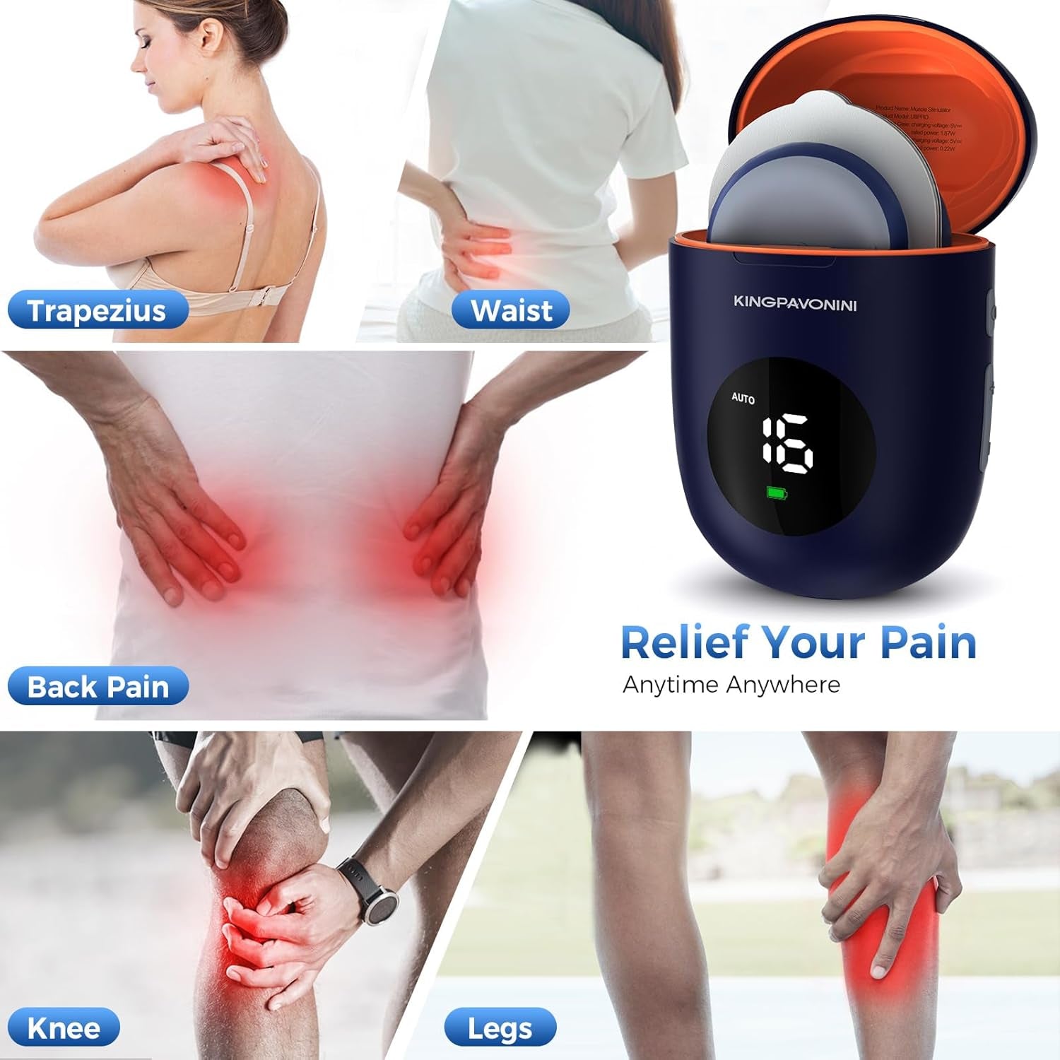 Portable Wireless TENS Unit - Rechargeable Muscle Stimulator for Pain Relief with LED Screen, Remote Control, Dual Channel, 6 Modes & 16 Intensity Levels - Includes Charging Case (Blue)
