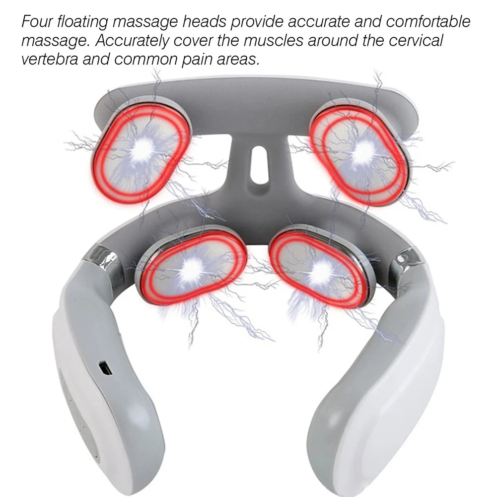 Rechargeable 4-Head Portable Neck Massager with Intelligent Pulse, Heating & Adjustable Pressure for Cervical Spine Relief